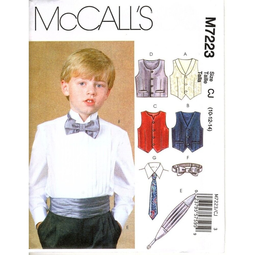 McCall's M7223 Boys 10 to 14 Special Occasion Vest, Cummerbund Sewing Pattern